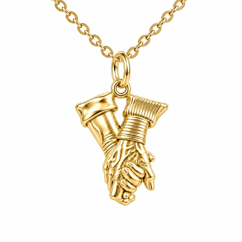 Held Together Custom Hand Charm Necklace Set – 18K gold, front view