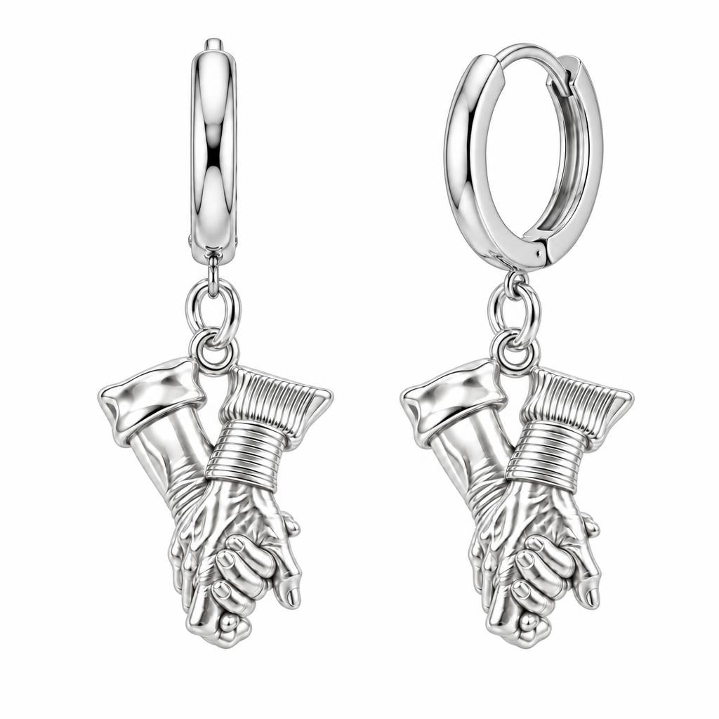 Held Together Custom Hand Huggie Charm Earrings – silver, front view