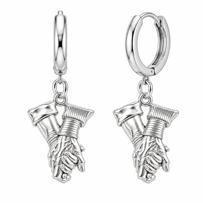 Held Together Custom Hand Huggie Charm Earrings – silver, front view