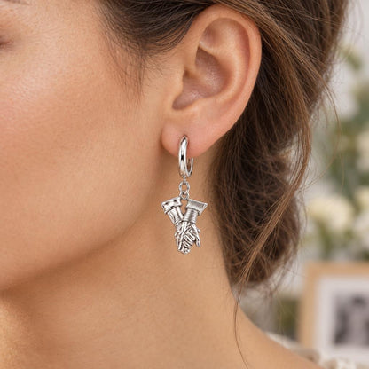 Held Together Custom Hand Huggie Charm Earrings – worn / in use