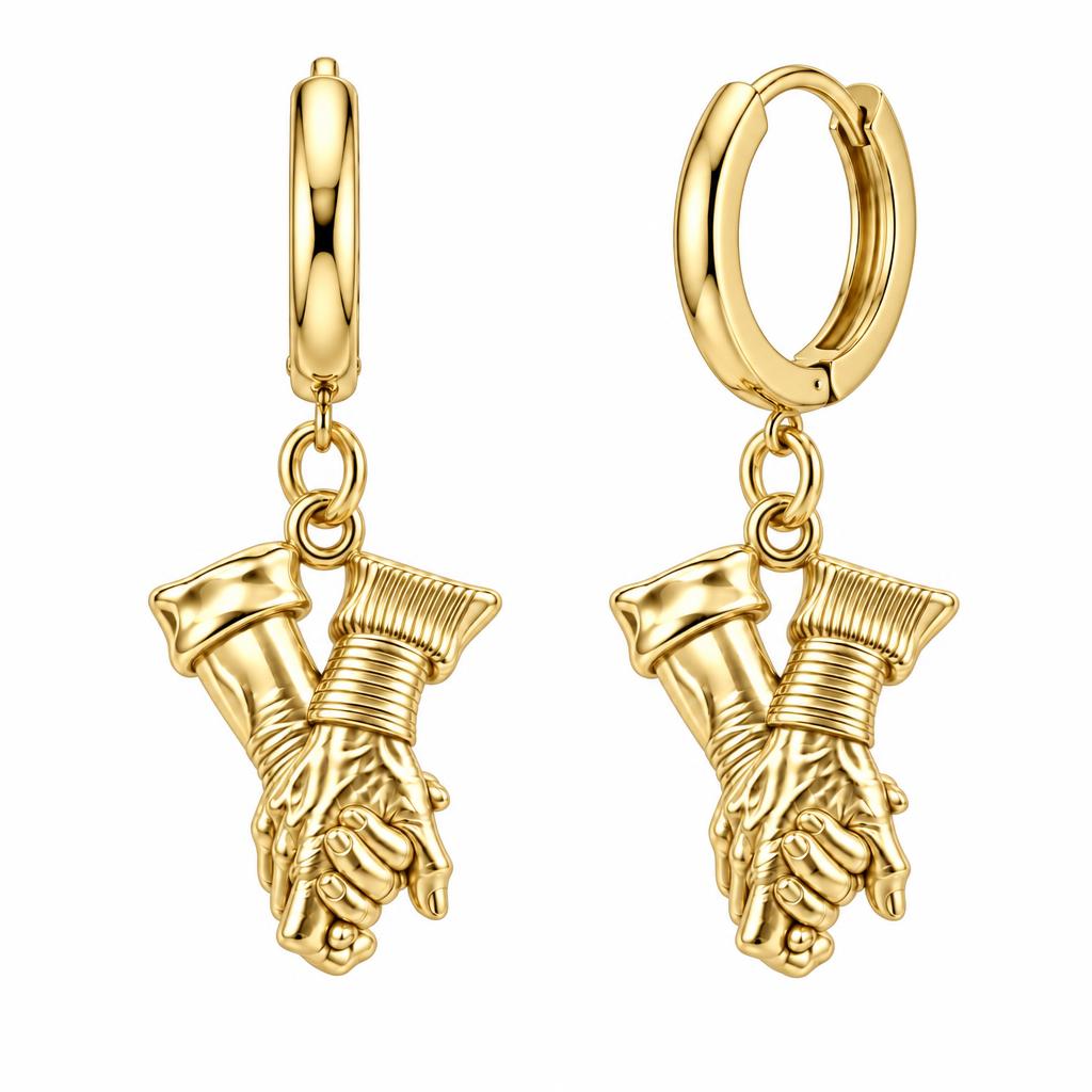 Held Together Custom Hand Huggie Charm Earrings – 18K gold, front view