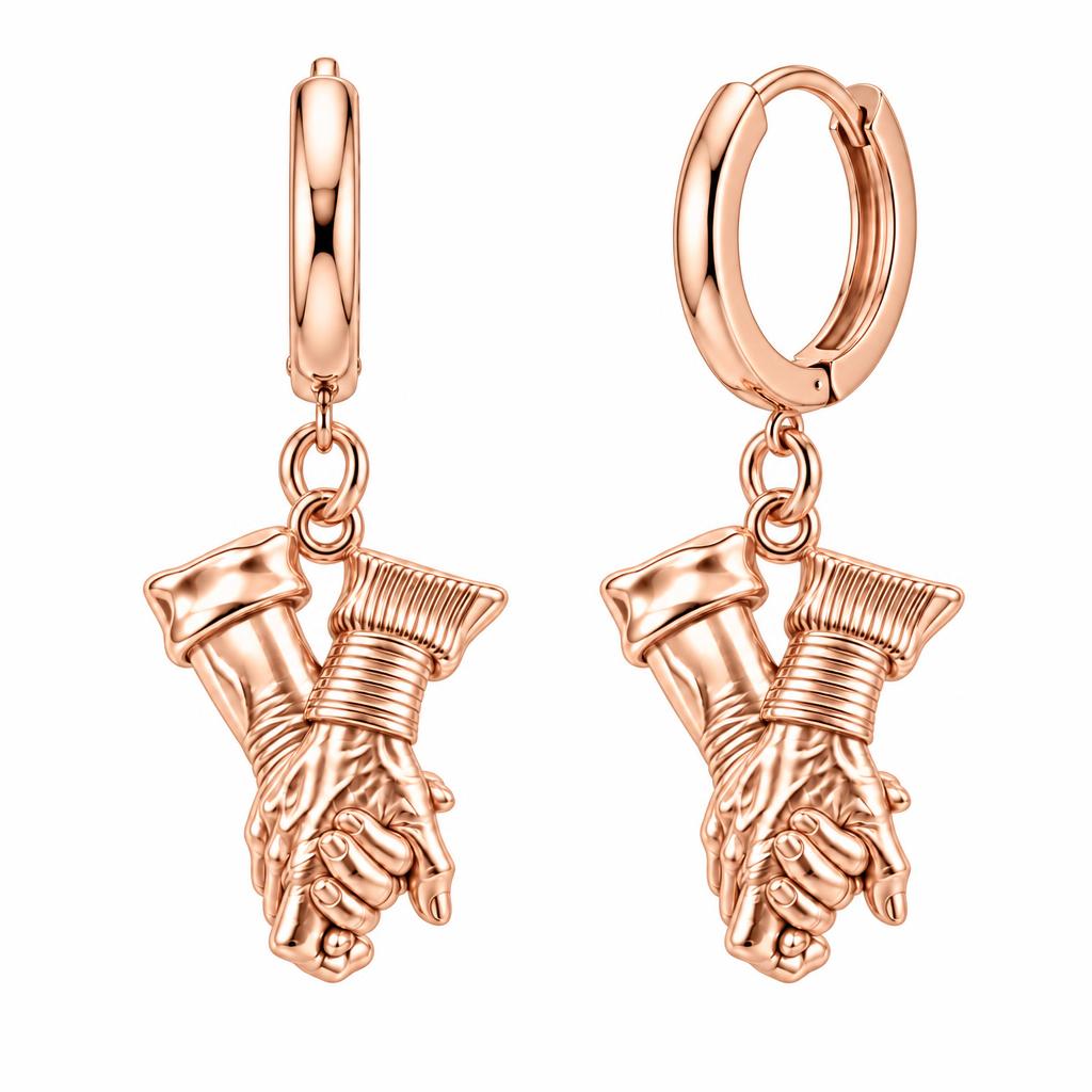 Held Together Custom Hand Huggie Charm Earrings – rose gold, front view