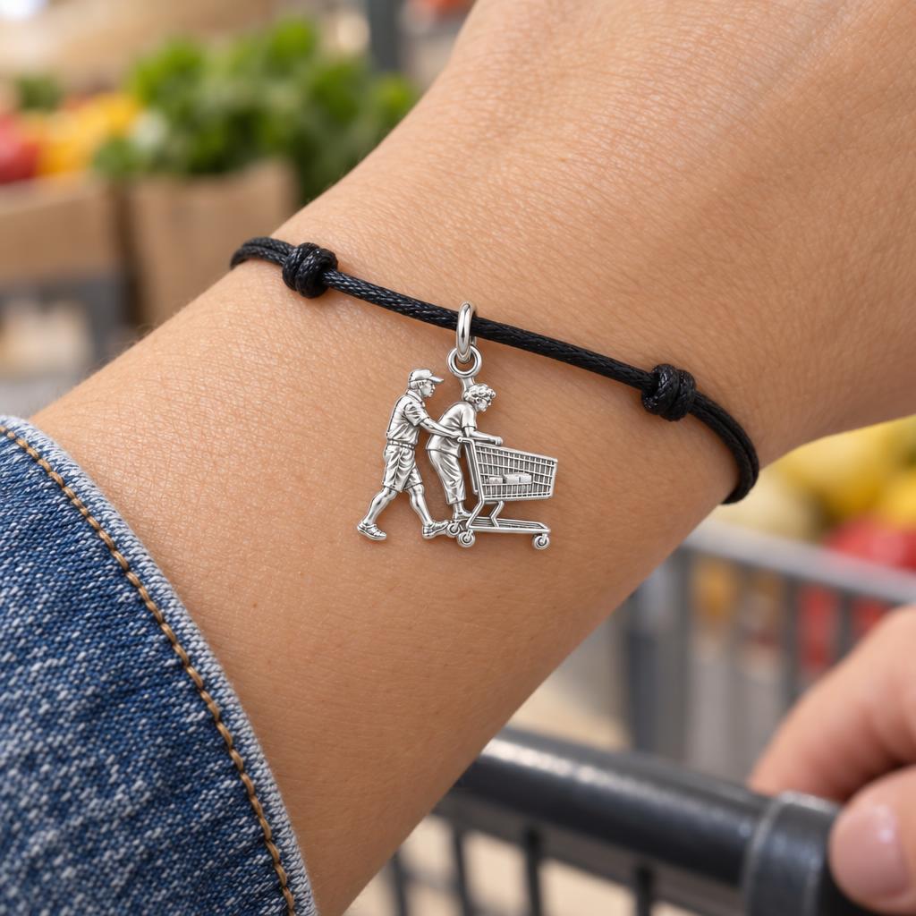 Helping Hand Shopping Charm Bracelet – Personalized Caregiver Gift – worn on the wrist on a black cord bracelet