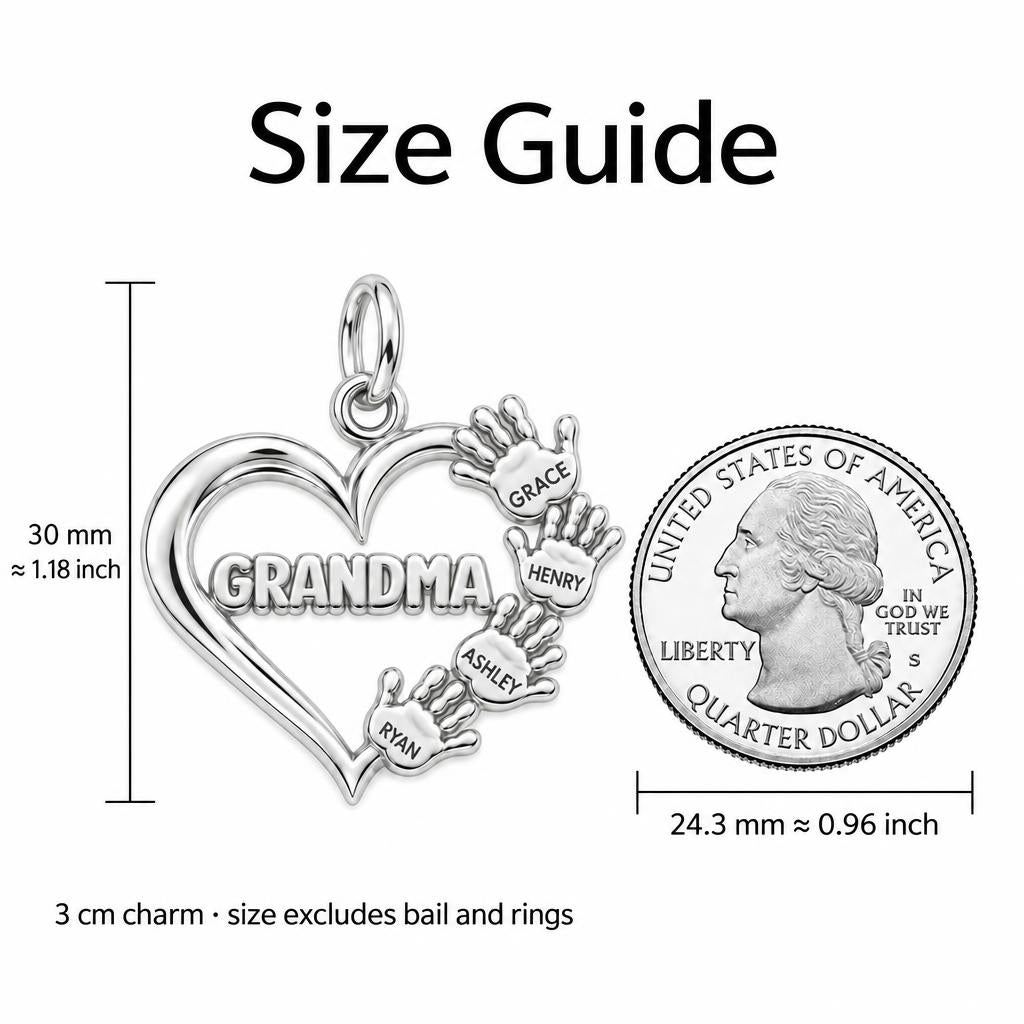 Helping Hands Heart Charm Bracelet – Personalized Grandma Gift – size guide, 3 cm charm next to a quarter