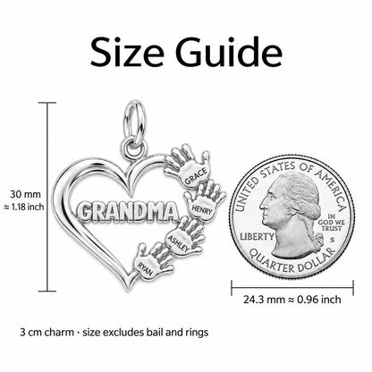 Helping Hands Heart Charm Bracelet – Personalized Grandma Gift – size guide, 3 cm charm next to a quarter