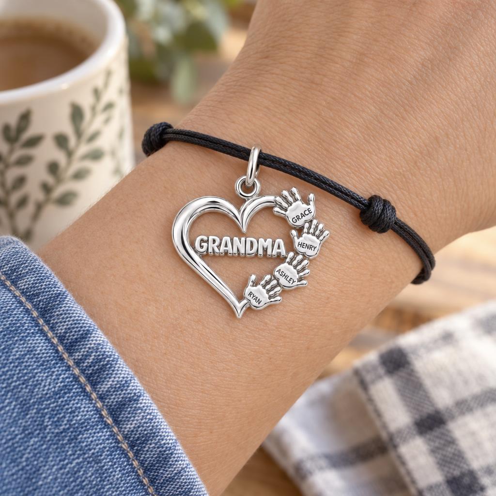 Helping Hands Heart Charm Bracelet – Personalized Grandma Gift – worn on the wrist on a black cord bracelet