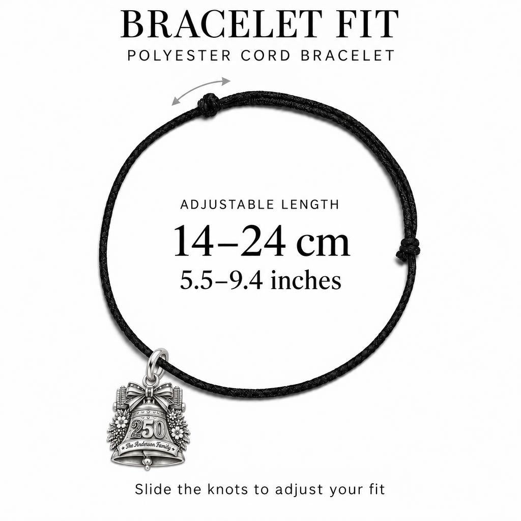 Heritage Anniversary Bell Charm Bracelet – Personalized Family Gift – adjustable black cord bracelet, 14–24 cm