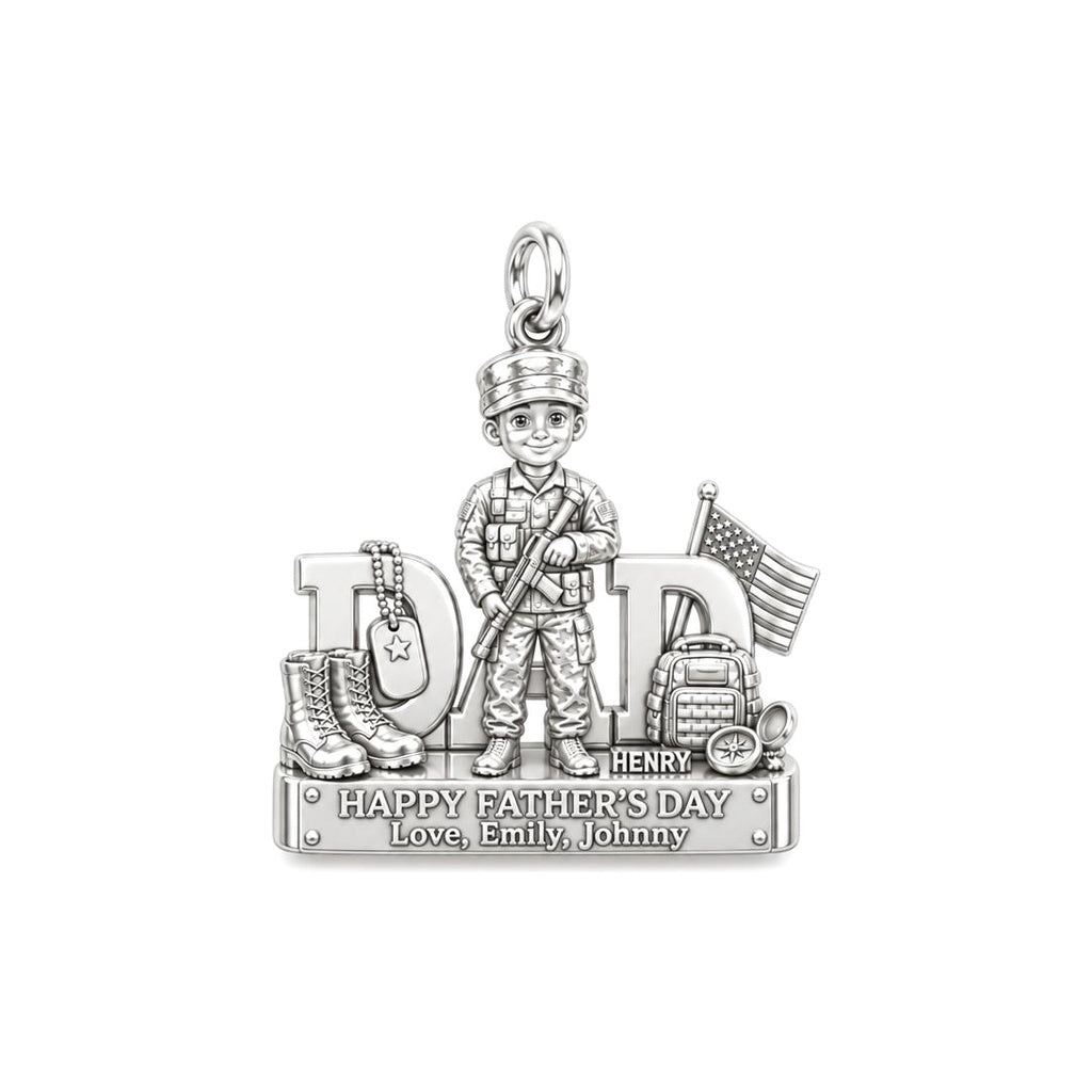 Hero Dad Military Charm Bracelet – Personalized Dad Gift – silver plated 3 cm charm, front view