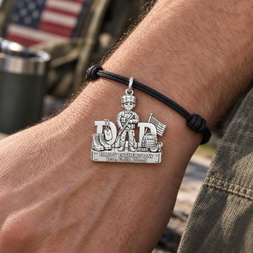 Hero Dad Military Charm Bracelet – Personalized Dad Gift – worn on the wrist on a black cord bracelet