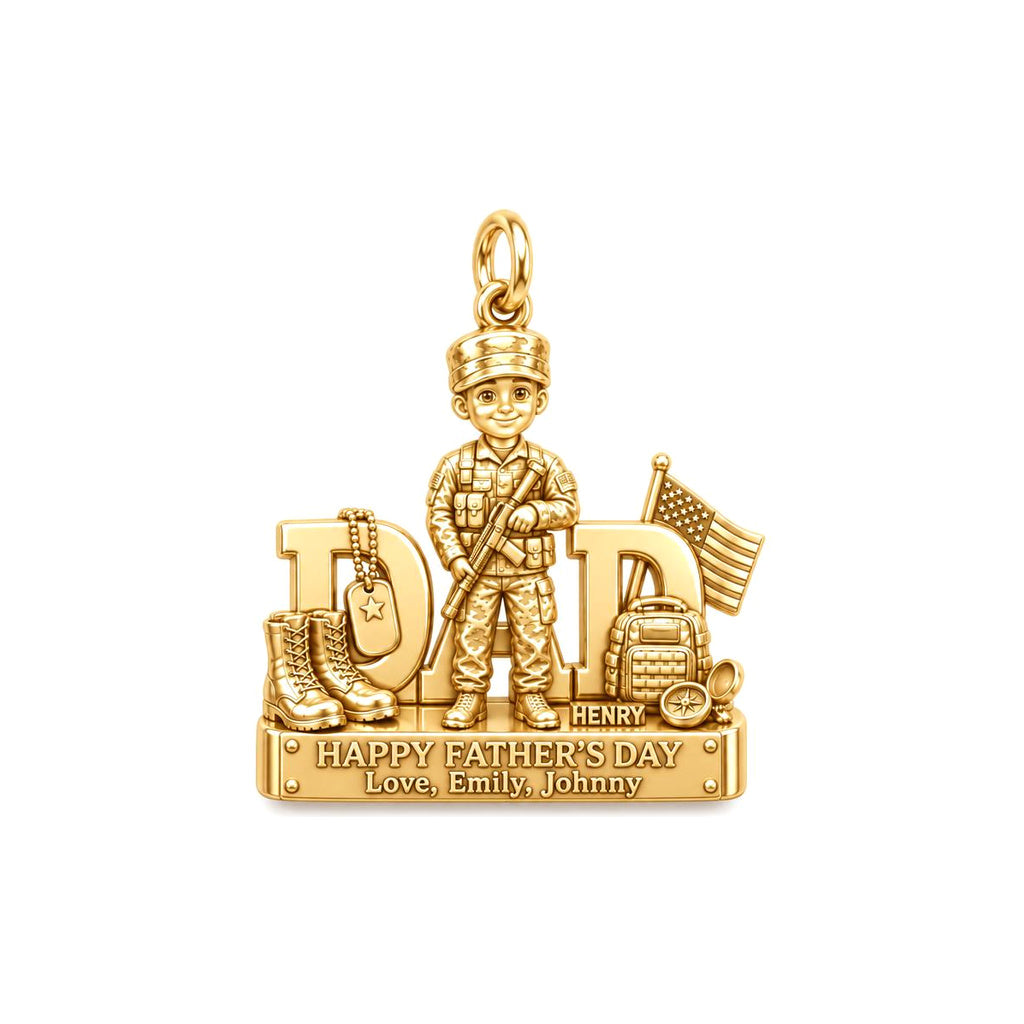 Hero Dad Military Charm Bracelet – Personalized Dad Gift – 18K gold plated 3 cm charm, front view