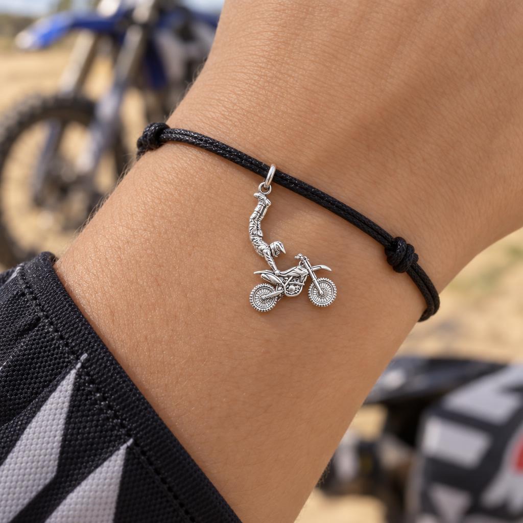 Hero MotoSports Charm Bracelet – Personalized Son Gift – worn on the wrist on a black cord bracelet
