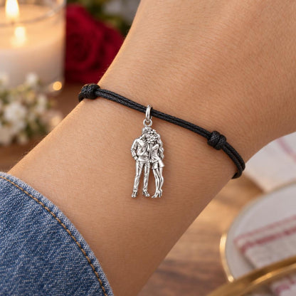 Hidden Kiss Bouquet Charm Bracelet – Personalized Couple Gift – worn on the wrist on a black cord bracelet