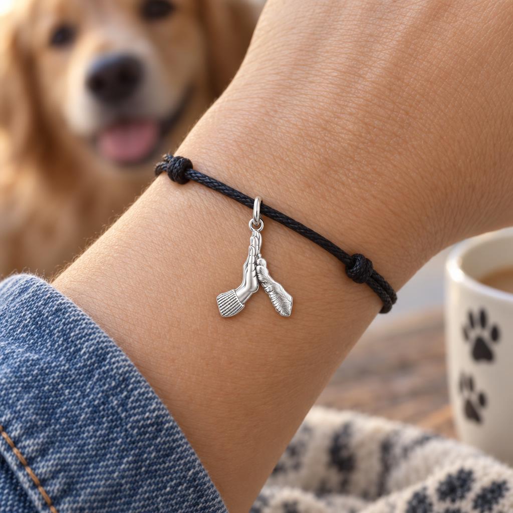 High Five Paw Charm Bracelet – Personalized Dog Mom Gift – worn on the wrist on a black cord bracelet