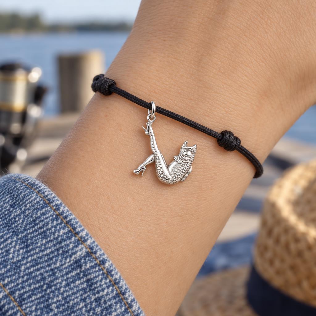 High Heels Fish Charm Bracelet – Personalized Bestie Gift – worn on the wrist on a black cord bracelet