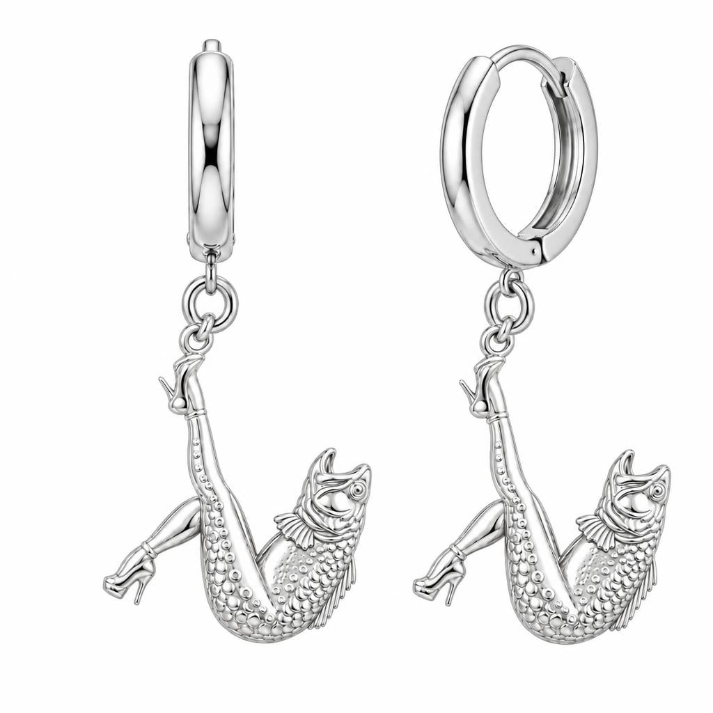 High Heels Fish Huggie Charm Earrings – silver, front view