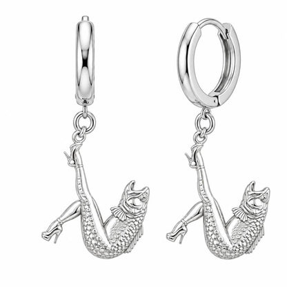High Heels Fish Huggie Charm Earrings – silver, front view