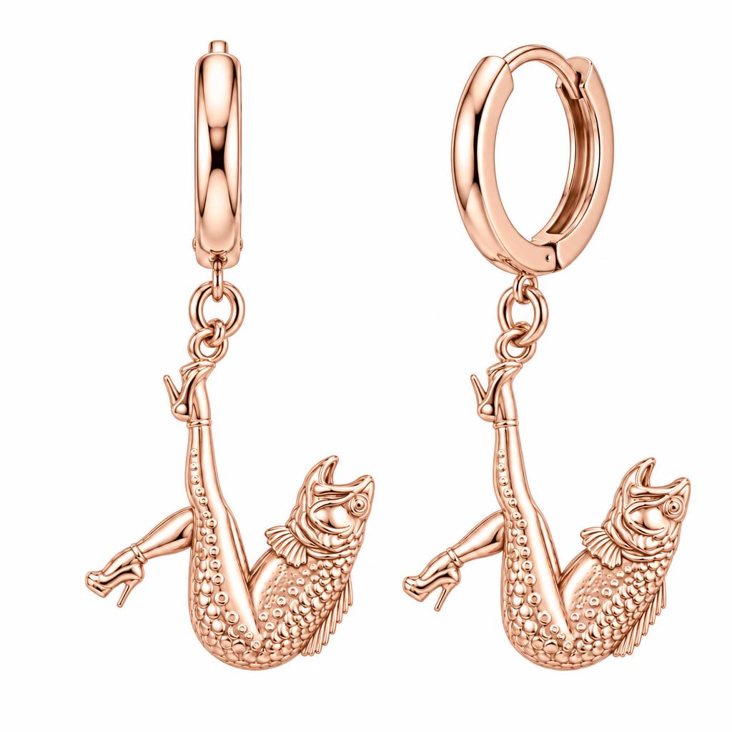 High Heels Fish Huggie Charm Earrings – rose gold, front view