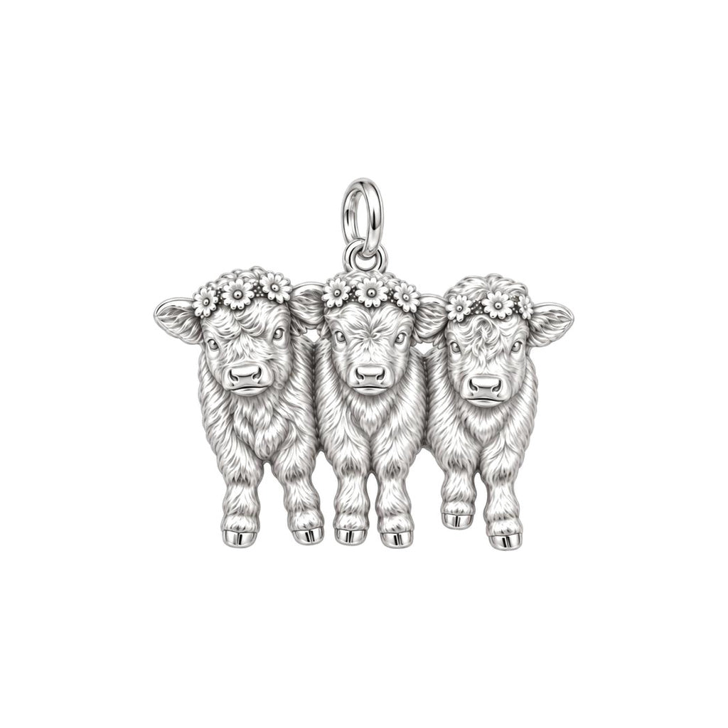 Highland Calf Flower Crown Charm Bracelet – Personalized Mom Gift – silver charm, front view