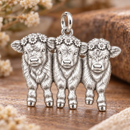 Highland Calf Flower Crown Charm Bracelet – Personalized Mom Gift – macro detail of the charm