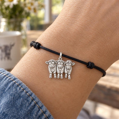 Highland Calf Flower Crown Charm Bracelet – Personalized Mom Gift – worn on the wrist on a black cord bracelet
