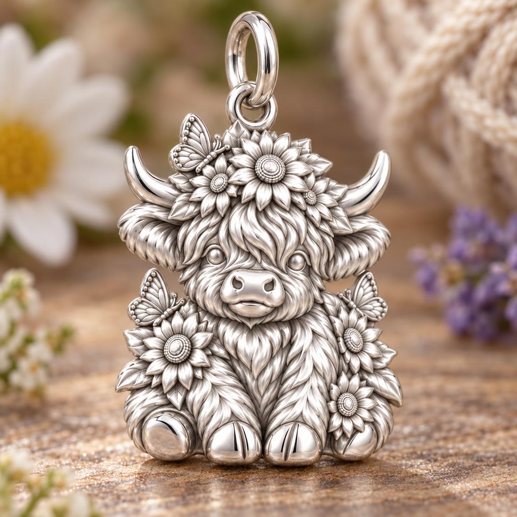 Highland Calf Garden Charm Bracelet – Personalized Mom Gift – macro detail of the charm
