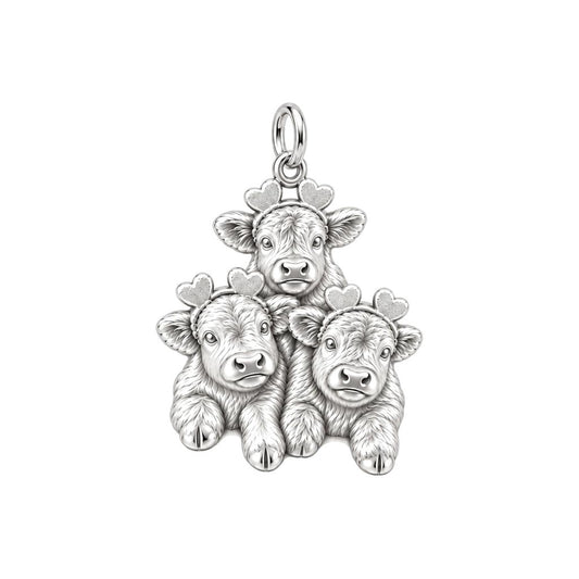 Highland Calf Heart Trio Charm Bracelet – Personalized Mom Gift – silver charm, front view