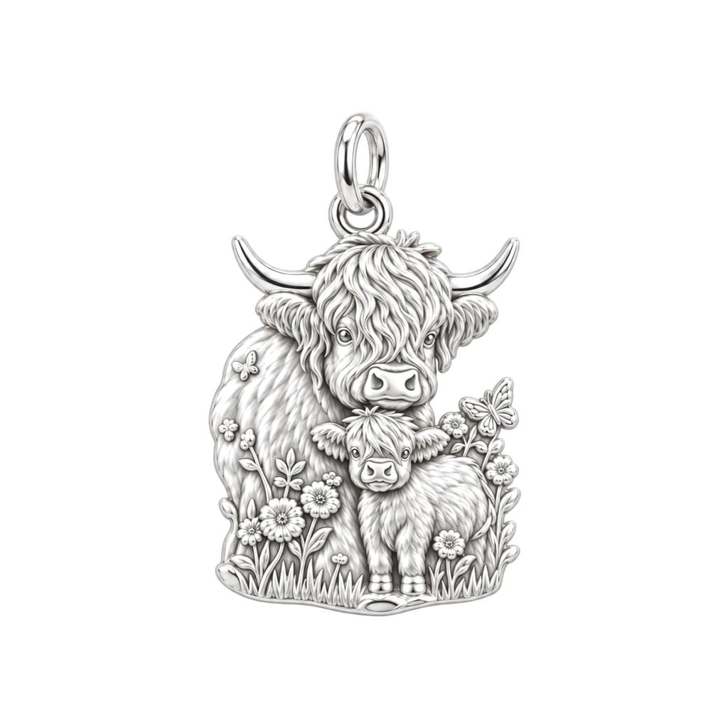 Highland Cow and Calf Charm Bracelet – Personalized Mom Gift – silver charm, front view