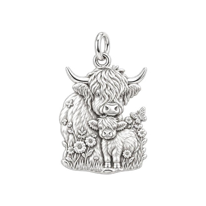 Highland Cow and Calf Charm Bracelet – Personalized Mom Gift – silver charm, front view