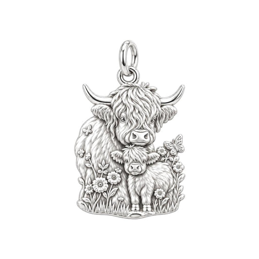 Highland Cow and Calf Charm Bracelet – Personalized Mom Gift – silver charm, front view