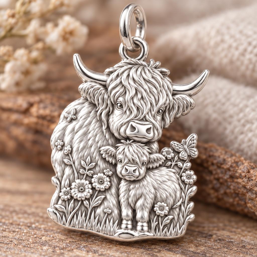 Highland Cow and Calf Charm Bracelet – Personalized Mom Gift – macro detail of the charm