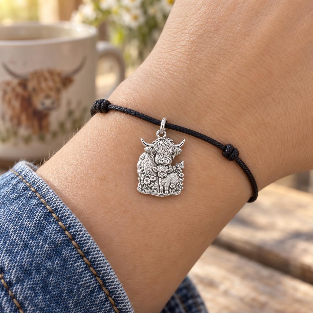 Highland Cow and Calf Charm Bracelet – Personalized Mom Gift – worn on the wrist on a black cord bracelet