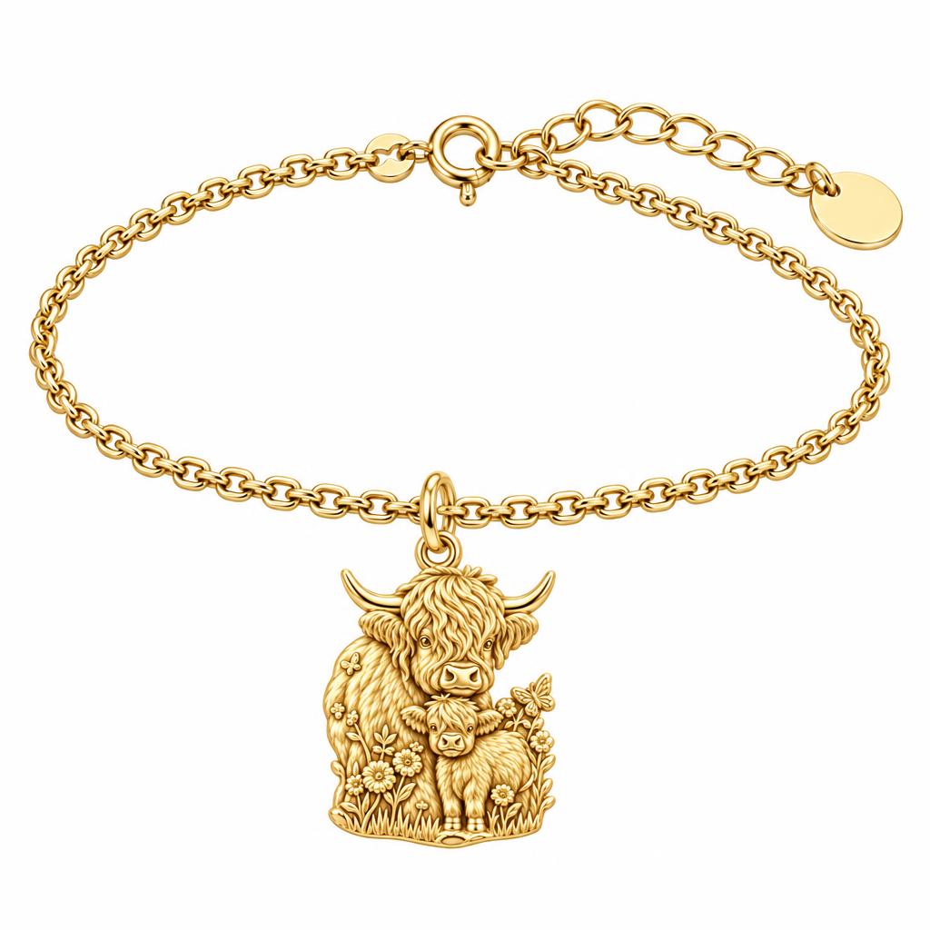 Highland Cow and Calf Charm Bracelet Set – 18K gold, front view