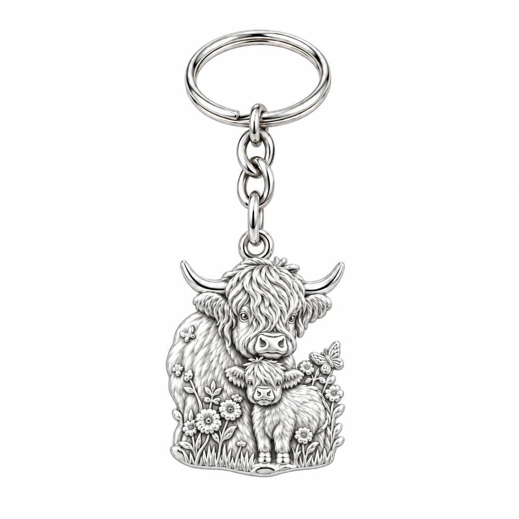 Highland Cow and Calf Charm Keychain – silver, front view