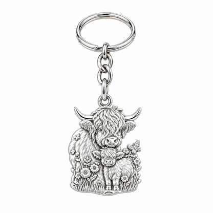 Highland Cow and Calf Charm Keychain – silver, front view