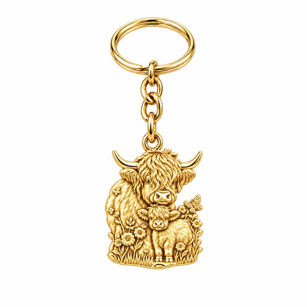 Highland Cow and Calf Charm Keychain – 18K gold, front view