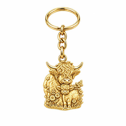 Highland Cow and Calf Charm Keychain – 18K gold, front view