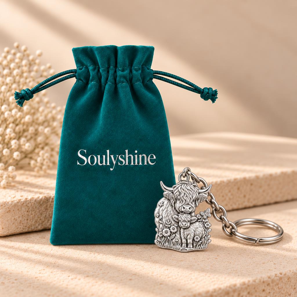 Highland Cow and Calf Charm Keychain – Soulyshine velvet gift pouch
