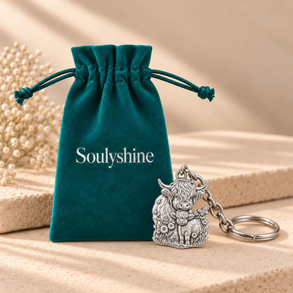Highland Cow and Calf Charm Keychain – Soulyshine velvet gift pouch