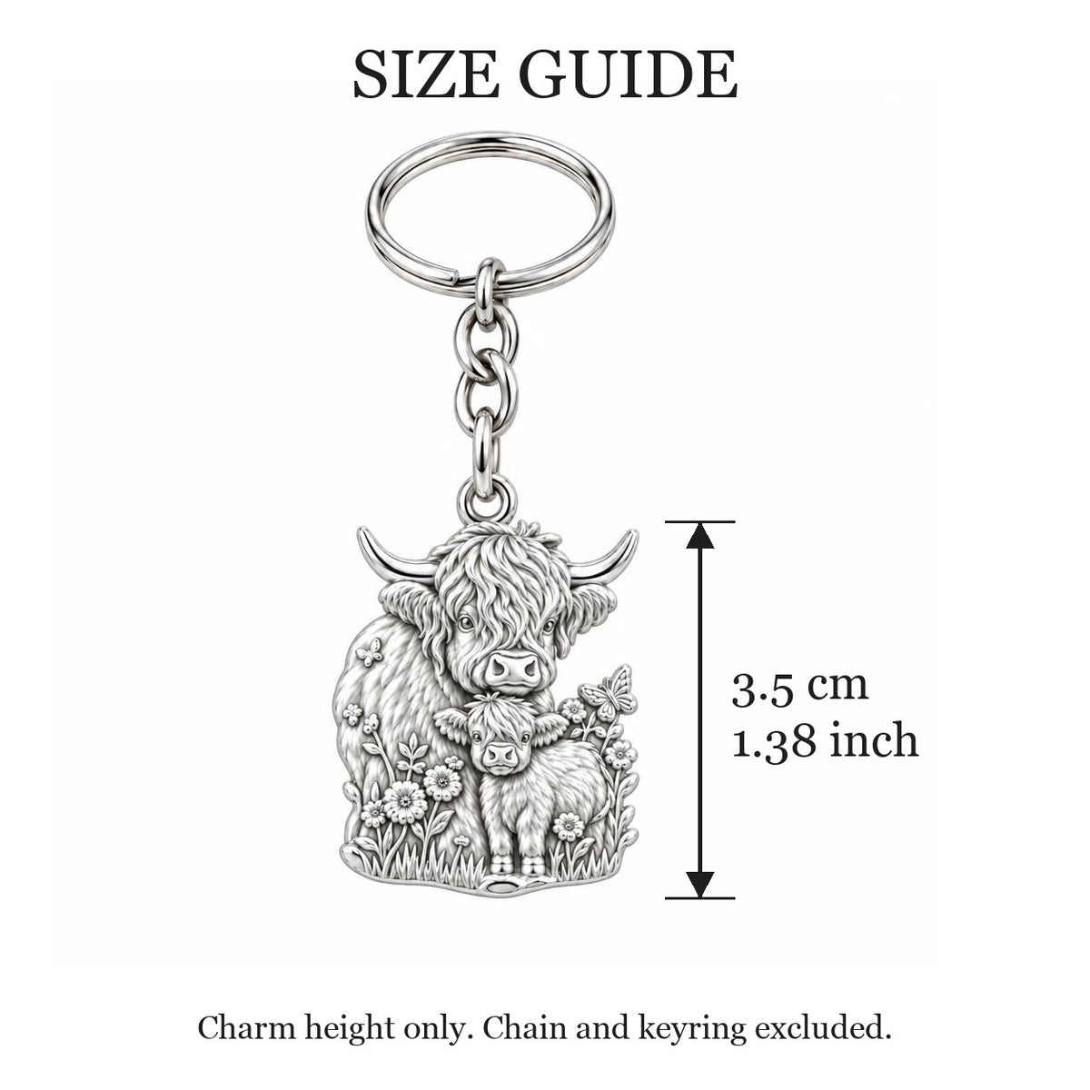 Highland Cow and Calf Charm Keychain – size guide, 3.5 cm (1.38 in) charm, chain and keyring excluded
