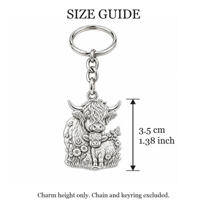Highland Cow and Calf Charm Keychain – size guide, 3.5 cm (1.38 in) charm, chain and keyring excluded