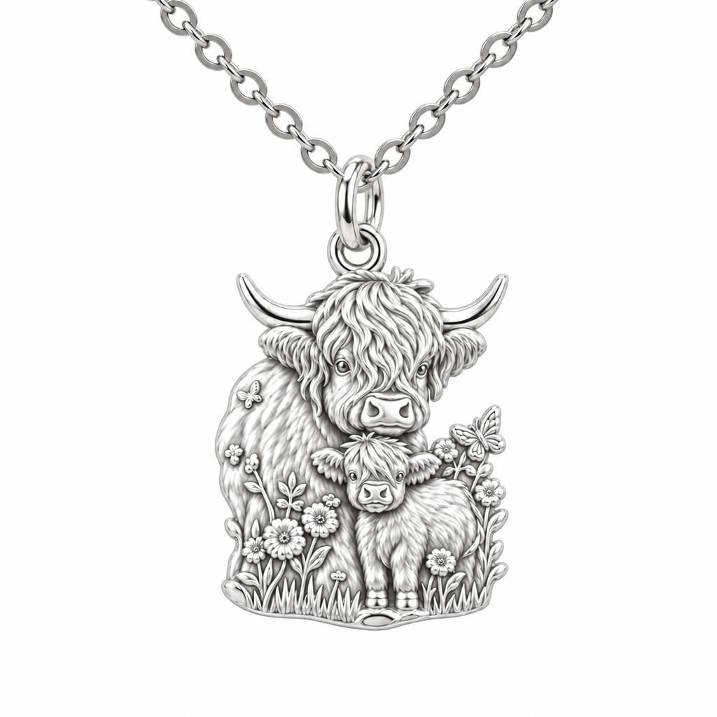 Highland Cow and Calf Charm Necklace Set – silver, front view