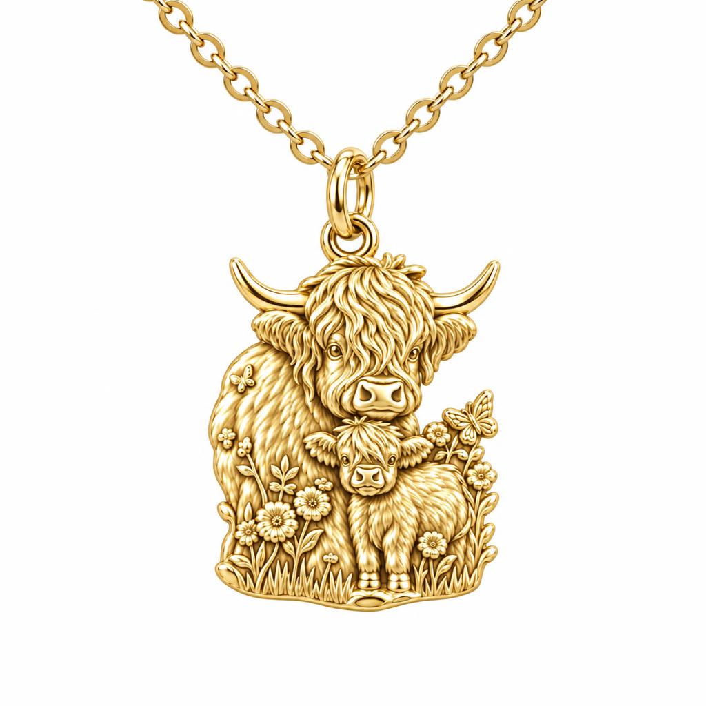 Highland Cow and Calf Charm Necklace Set – 18K gold, front view