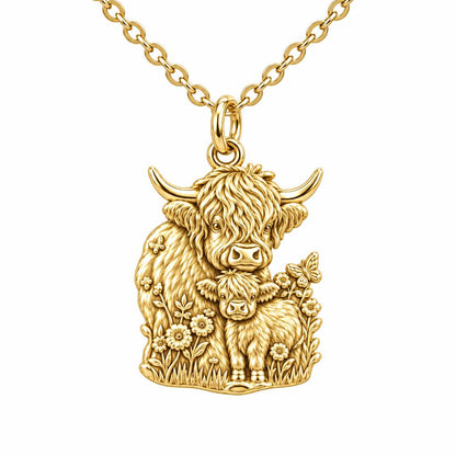 Highland Cow and Calf Charm Necklace Set – 18K gold, front view