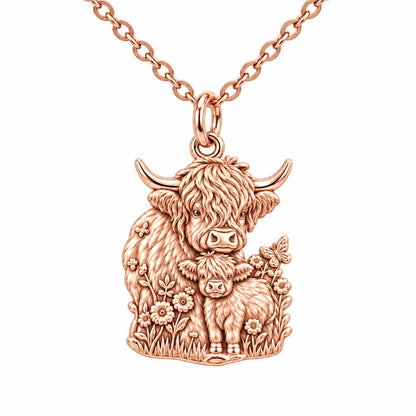 Highland Cow and Calf Charm Necklace Set – rose gold, front view