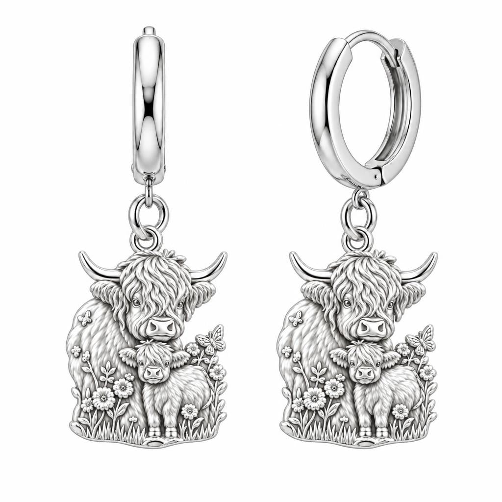 Highland Cow and Calf Huggie Charm Earrings – silver, front view