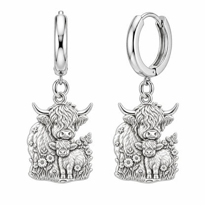 Highland Cow and Calf Huggie Charm Earrings – silver, front view