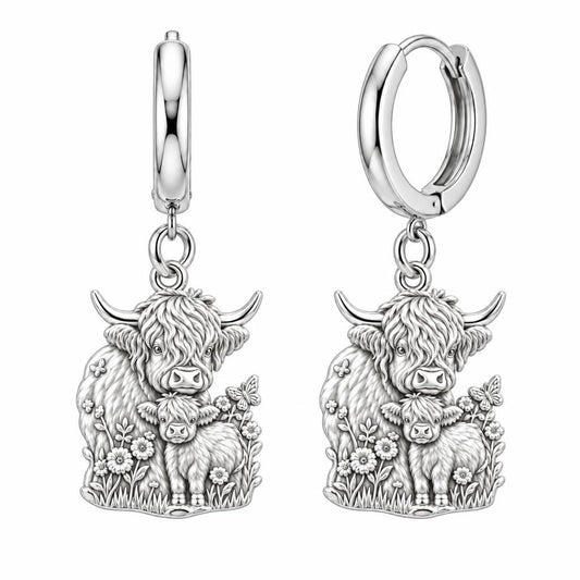 Highland Cow and Calf Huggie Charm Earrings – silver, front view