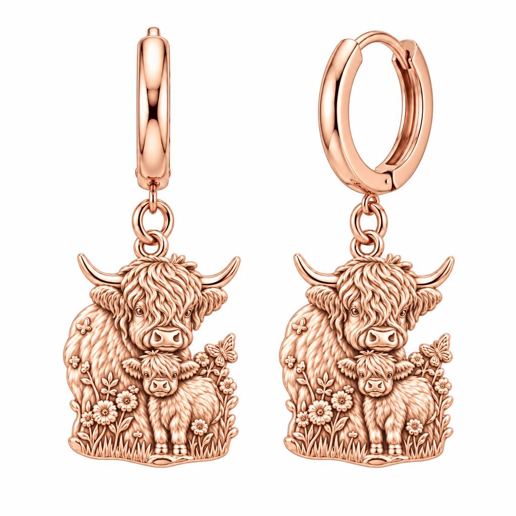 Highland Cow and Calf Huggie Charm Earrings – rose gold, front view