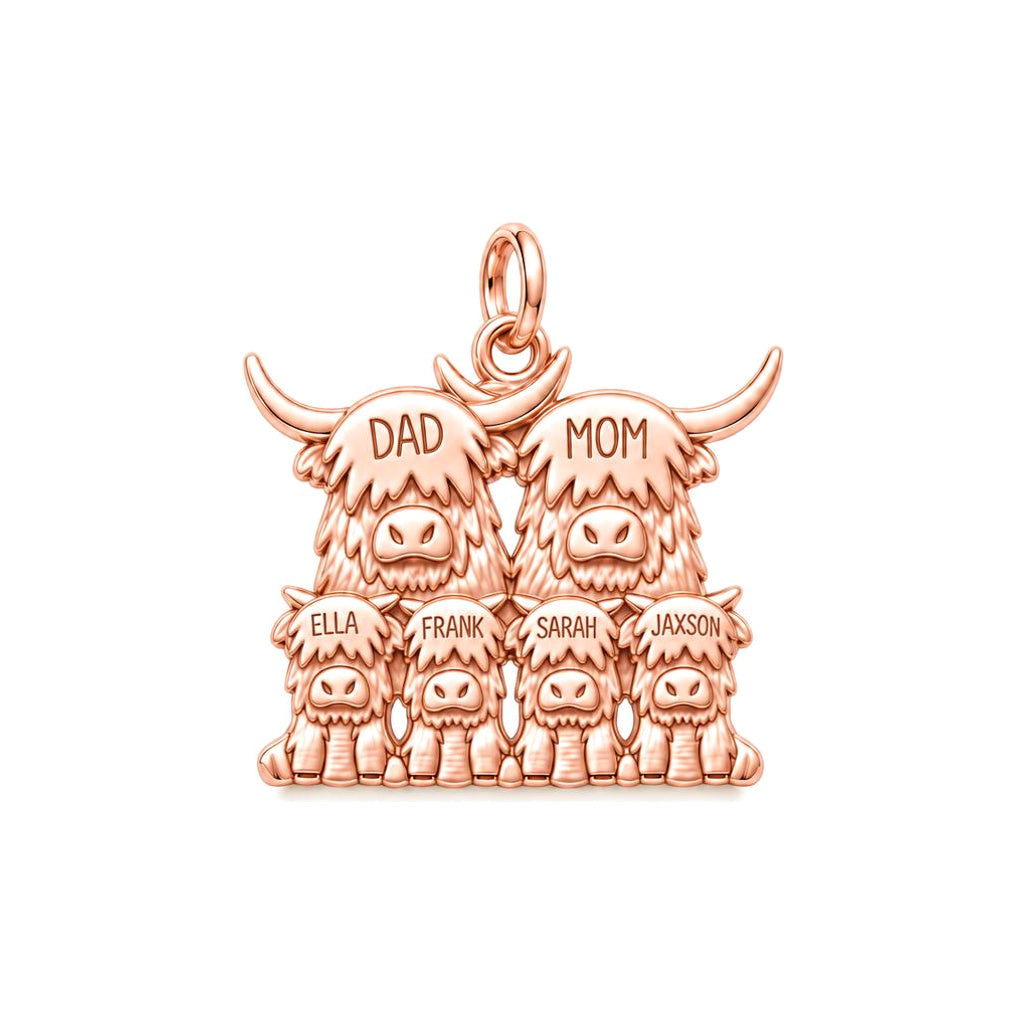 Highland Cow Family Charm Bracelet – Personalized Mom Gift – rose gold 3 cm charm, front view