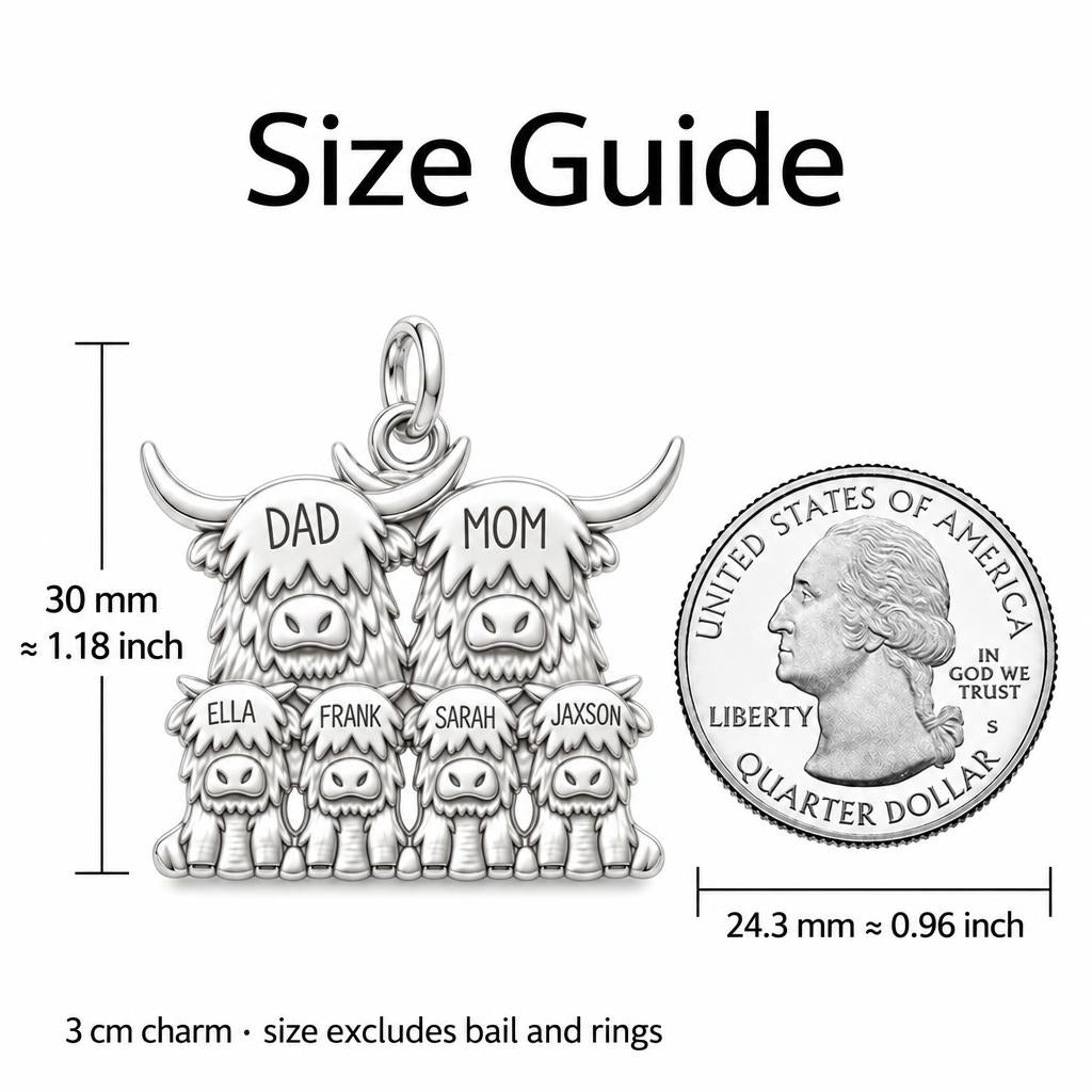 Highland Cow Family Charm Bracelet – Personalized Mom Gift – size guide, 3 cm charm next to a quarter